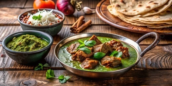 Fototapeta Delicious Mutton Karahi with Green Chutney, Roti, and Raita - Pakistani Food Stock Photo