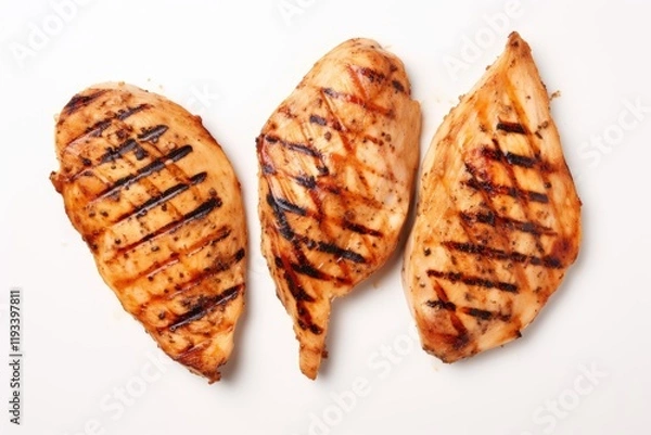 Fototapeta Grilled chicken breast slices top view isolated on white