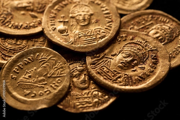 Fototapeta Ancient gold Byzantine coins with emperor portraits