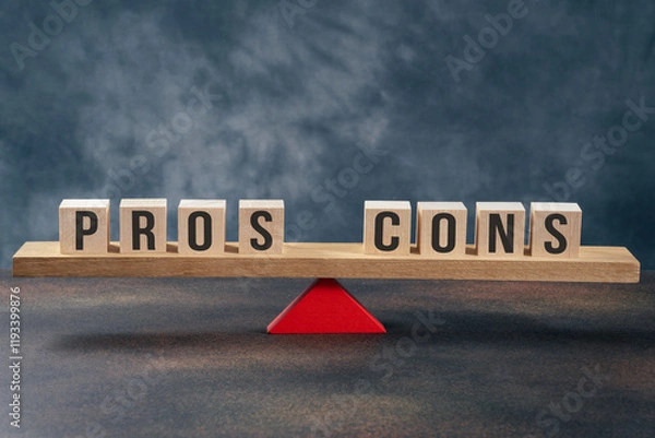 Obraz Seesaw with text pros and cons on gray background