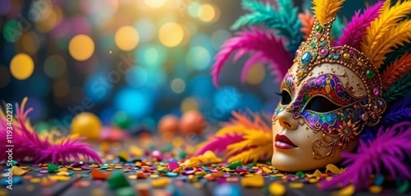Fototapeta Colorful Brazilian Carnaval banner with feathers, masquerade masks, and bokeh backdrop, Ai generated Images