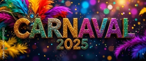 Obraz CARNAVAL 2025' festive Brazilian Carnaval banner with colorful masks, confetti, and feathers in a bokeh backdrop, Ai generated Images