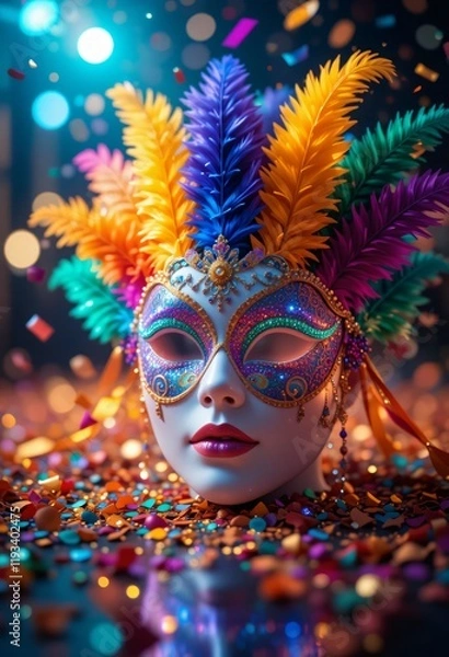 Obraz Colorful Carnaval mask with feathers, confetti, and glowing glitter against a radiant bokeh background, Ai generated Images