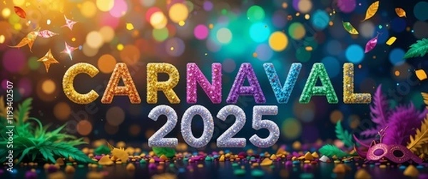 Obraz CARNAVAL 2025' festive Brazilian Carnaval banner with colorful masks, confetti, and feathers in a bokeh backdrop, Ai generated Images
