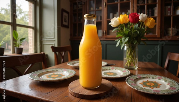 Fototapeta Juice Bottle Mockup with Fresh Orange Juice on Dining Table with Flowers, Copy Space