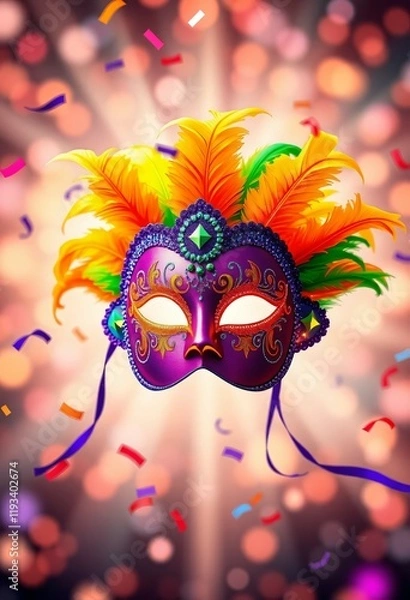 Obraz Radiant Carnaval mask with feathers, glitter, and confetti for social media campaigns, Ai generated Images
