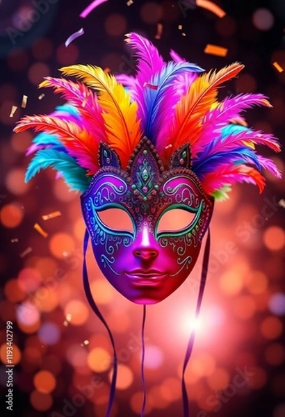 Obraz Glowing Carnaval mask with feathers, confetti, and bokeh for festive promotions, Ai generated Images