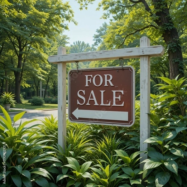 Fototapeta For Sale sign in the middle of lush greenery, Ai generated Images
