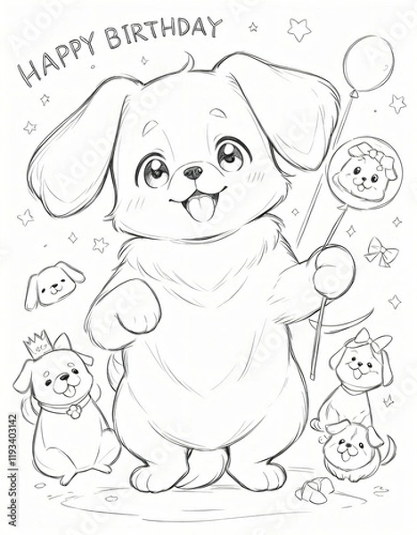 Fototapeta Black and white sketch of coloring page 'happy birthday' with a cute dog, fun design for kids, ready to print on paper, Ai generated Images