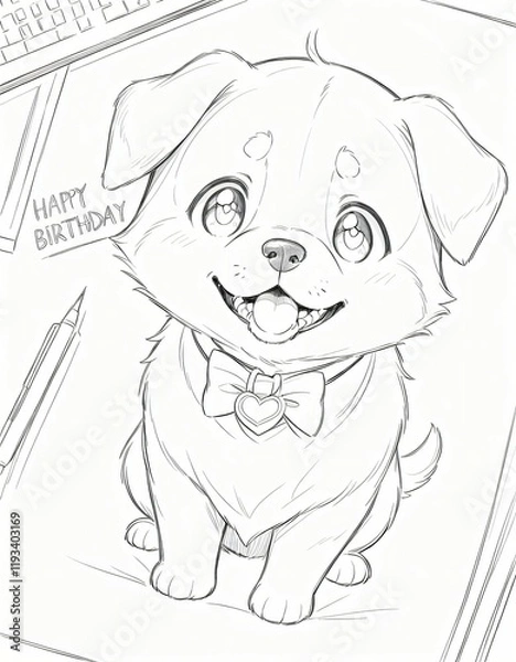 Fototapeta Cute dog and 'happy birthday' black and white sketch for kids coloring page, print-ready paper, Ai generated Images