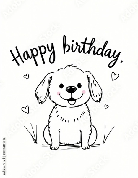 Obraz Fun 'happy birthday' design with a cute dog for kids, black and white sketch on paper, Ai generated Images