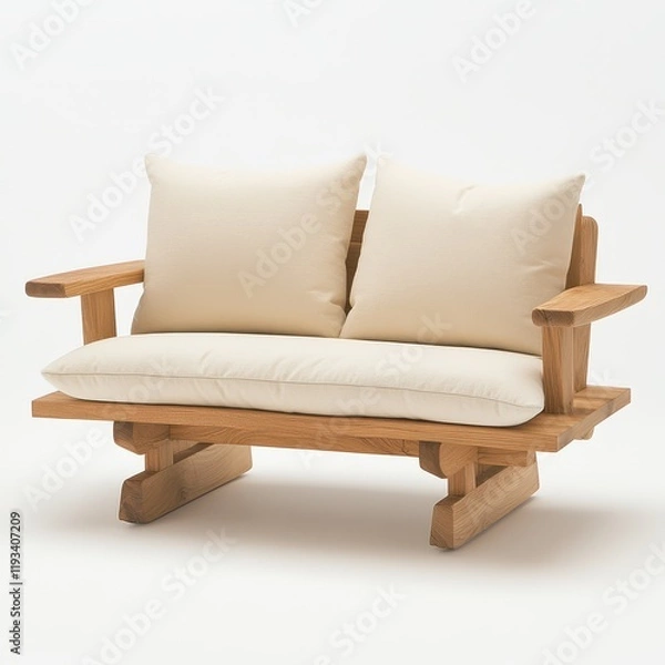 Fototapeta A rustic wooden bench adorned with two decorative pillows, creating a cozy and inviting seating area for relaxation or contemplation.