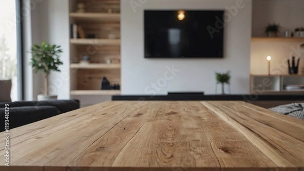 Fototapeta  Empty wood table top on Scandinavian living room with a blurred background. The focus is on the table surface.