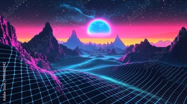 Fototapeta Futuristic Landscape with Neon Mountains and Vibrant Gradient Sky at Dusk, Featuring a Large Celestial Body and Digital Grid in a Surreal Realm