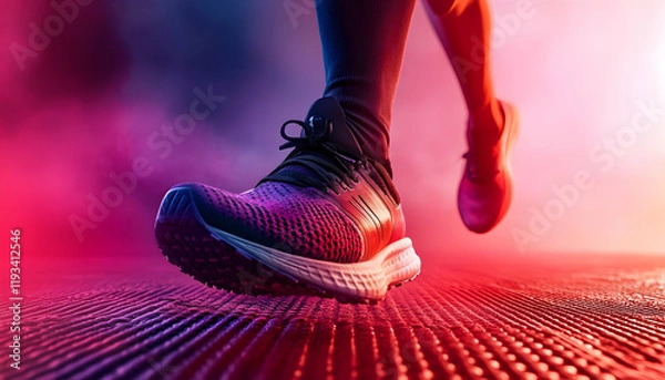 Fototapeta Close-up of a runner's shoe on a track against a red-purple background