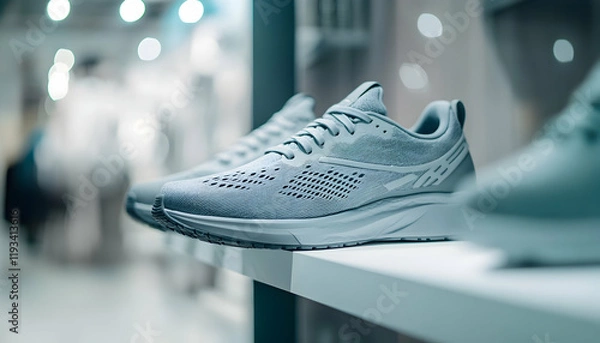 Fototapeta Close-up of gray running shoes on a shelf in a brightly lit modern store, with a blurred background