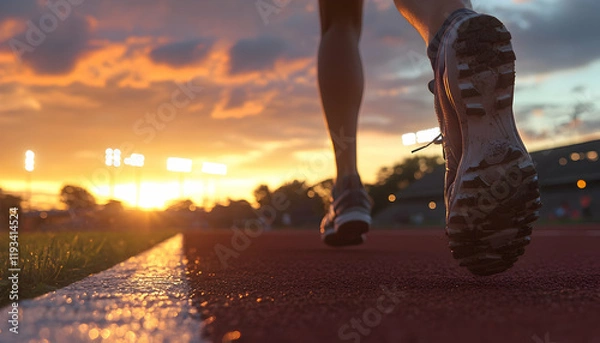 Fototapeta Close-up of runner's shoes on track at sunset, with stadium lights in the background. Captured from behind, focusing on the feet and athletic gear of a sprinter racing towards victory.