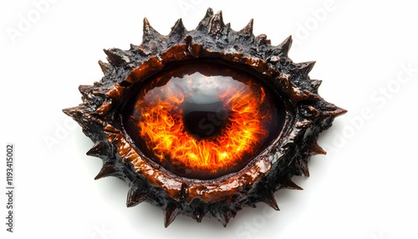 Fototapeta Close-up of the demon eye. Pupil with flame, fire. Evil look. The inferno Gates isolated on white background