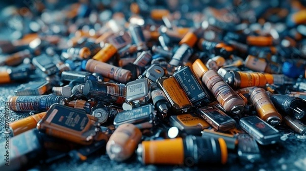 Fototapeta A pile of used AA, AAA, and other battery types scattered on a surface, with a focus on their worn-out appearance, symbolizing the growing issue of battery waste and the need for effective recycling
