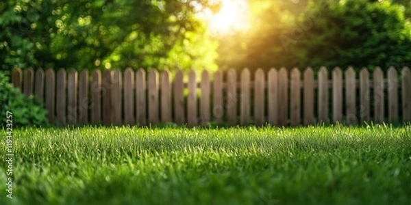 Obraz Sunlit backyard lawn grass with wooden picket fence and green foliage with copy space