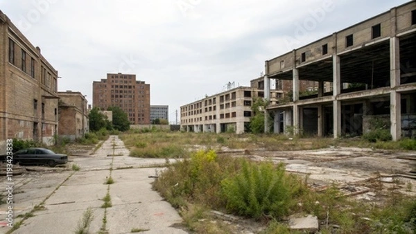 Fototapeta Abandoned construction site with crumbling buildings, building, collapse