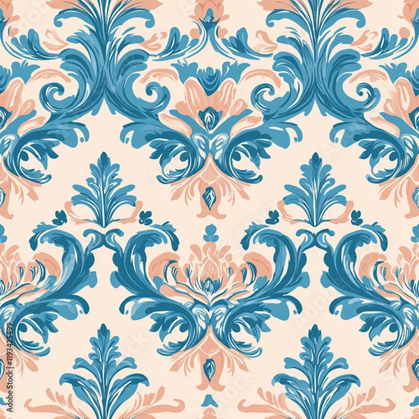 Fototapeta Damask seamless pattern motifs Elegant floral damask pattern in blue and peach on a light background.