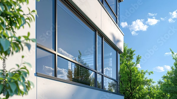 Fototapeta An energy-efficient exterior showing caulking applied around the edges of a large window, preventing air leakage.