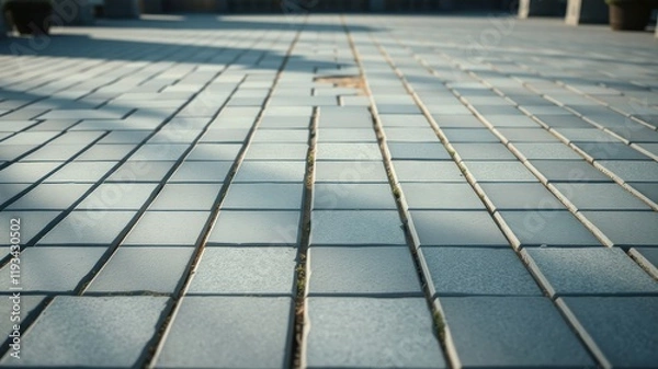 Fototapeta A Perspective View of a Light Gray Brick Pavement Showing Subtle Shadows and Small Weeding