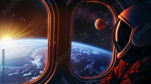 Fototapeta An astronaut looks at the Earth from the porthole of a spaceship. Suitable for articles about space, scientific research and travelling.