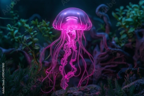 Obraz A vibrant jellyfish with glowing, flowing tentacles in a neon underwater world.
