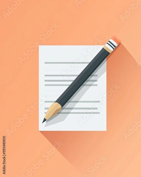 Fototapeta Pencil and Lined Paper: A dark pencil rests on a sheet of lined paper, against a soft orange background. The image is rendered in a flat design style with long shadows.