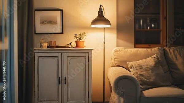 Fototapeta Cozy living room with warm lighting and comfortable sofa