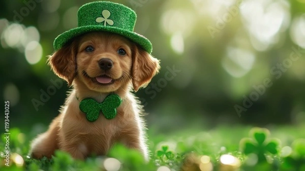 Obraz Happy puppy dog  in festive St Patrick's day green hat on green holiday background. Irlend and Irish traditional holiday. Banner, poster with copy space