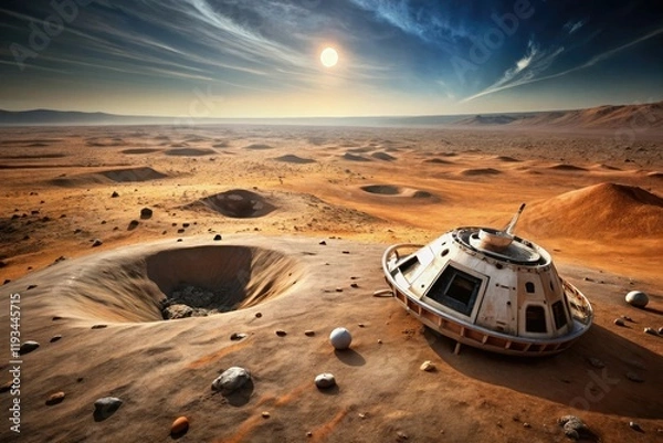 Fototapeta An abandoned or crashed spacecraft on a distant barren surface with scattered debris and a massive crater nearby, metallic scrap, destroyed spacecraft, lunar wreckage