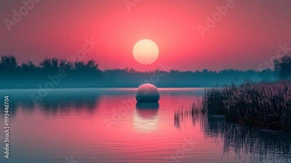 Fototapeta A minimalist 3D landscape with a soft, glowing sphere floating over a calm lake, surrounded by lush grass, and a vibrant sunset sky blending into warm tones of pink and orange.