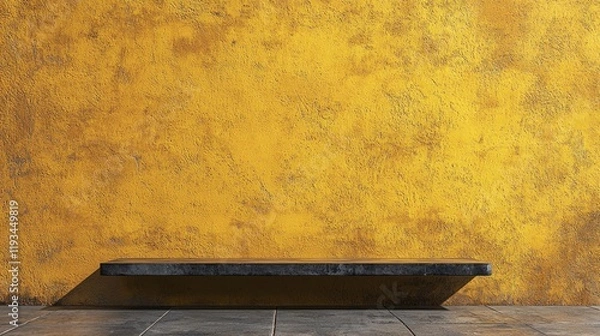Fototapeta A mustard yellow textured wall offering a monochrome background with a minimalist table for product showcases or promotional backgrounds.