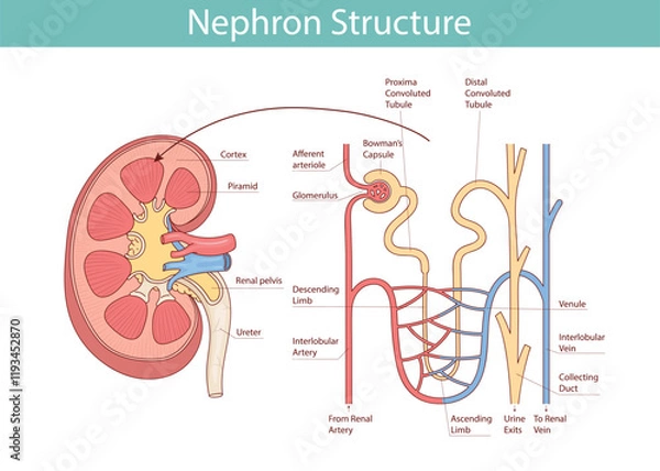 Fototapeta Structure of the nephron of the kidney. Vector medical illustration