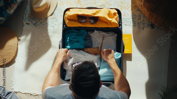Obraz Man packing light clothing, sunglasses, and travel essentials into a suitcase