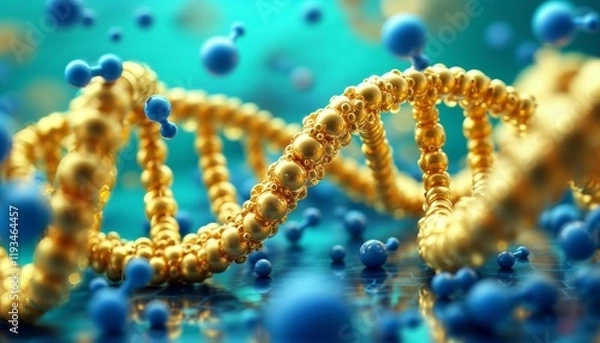 Fototapeta DNA helix, golden structure, blue molecules, hexagonal grid, reflective surfaces, teal background, genetic research, biotechnology, dynamic composition