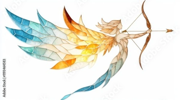 Fototapeta Ethereal Archer with Colorful Wings in Stained Glass Style Art