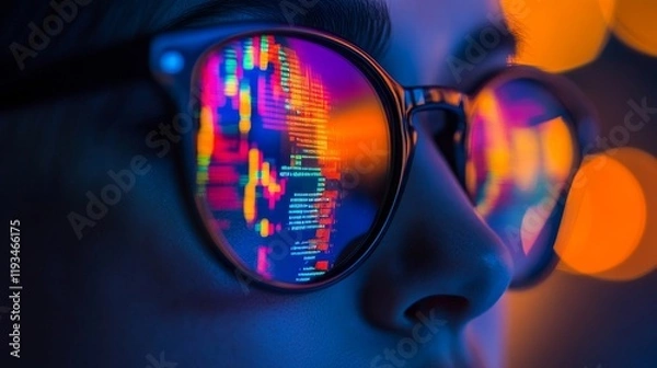 Fototapeta Close-up of reflected data visualization in modern sunglasses under vibrant lights.