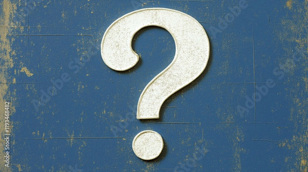 Fototapeta A large, textured question mark symbol sits prominently against a blue background, representative of inquiry and the quest for knowledge in a minimalistic design.