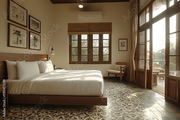 Fototapeta A stylish master bedroom boasts a combination of white and brown walls, a tiled floor, and a king-sized bed, offering a side view of refined comfort.