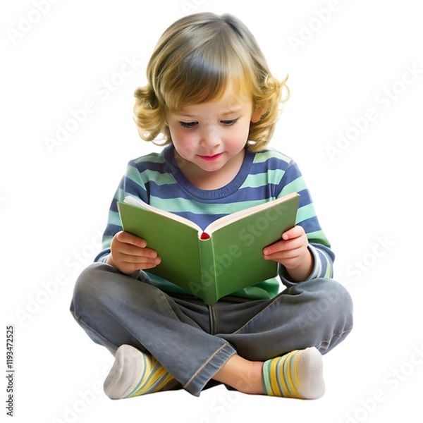 Obraz Adorable Child Reading Book Green Cover Cute Toddler kid boy fun girl story happy young   