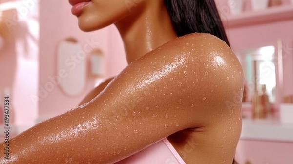Fototapeta A close-up of skin with visible perspiration on the arm, showcasing the sweat droplets in high detail, reflecting light to highlight the texture of the skin's surface.