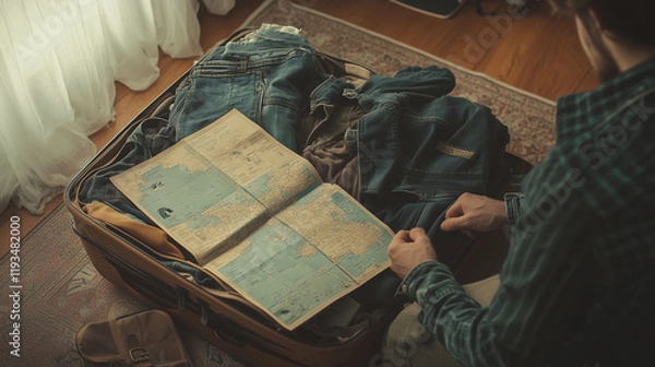 Obraz Man Preparing for a Journey Packing a Suitcase with a City Map, Travel Guide, and Essentials