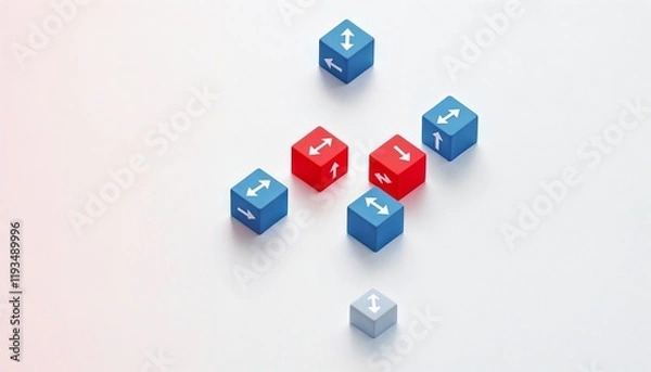 Fototapeta Small blue cubes with white arrows, red cube apart, white textured background, minimalist, leadership concept, direction metaphor, business strategy.