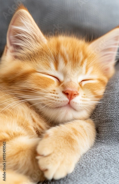 Fototapeta A cute yellow cat is sleeping on the sofa