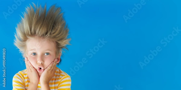 Fototapeta Funny kid with his hair standing on end. Surprised child on a blue background with copyspace. Summer vacation concept
