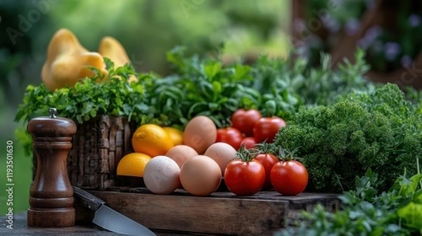 Fototapeta Fresh Produce and Eggs on Wooden Table with Herb Background